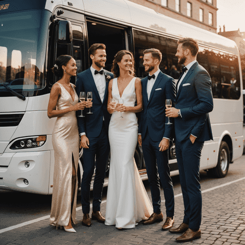 Wedding guests boarding a luxury coach