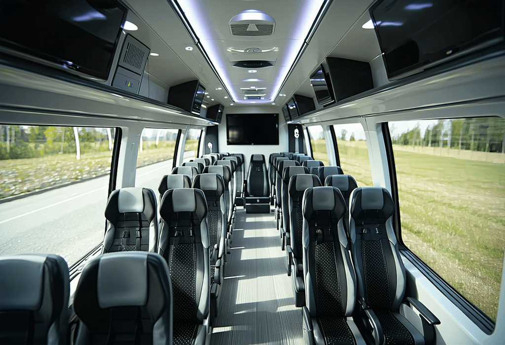 Mercedes Tourismo coach interior with modern amenities