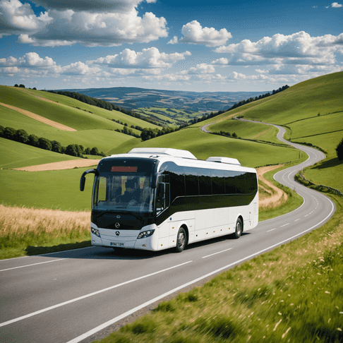 Coach on a scenic tour route through countryside